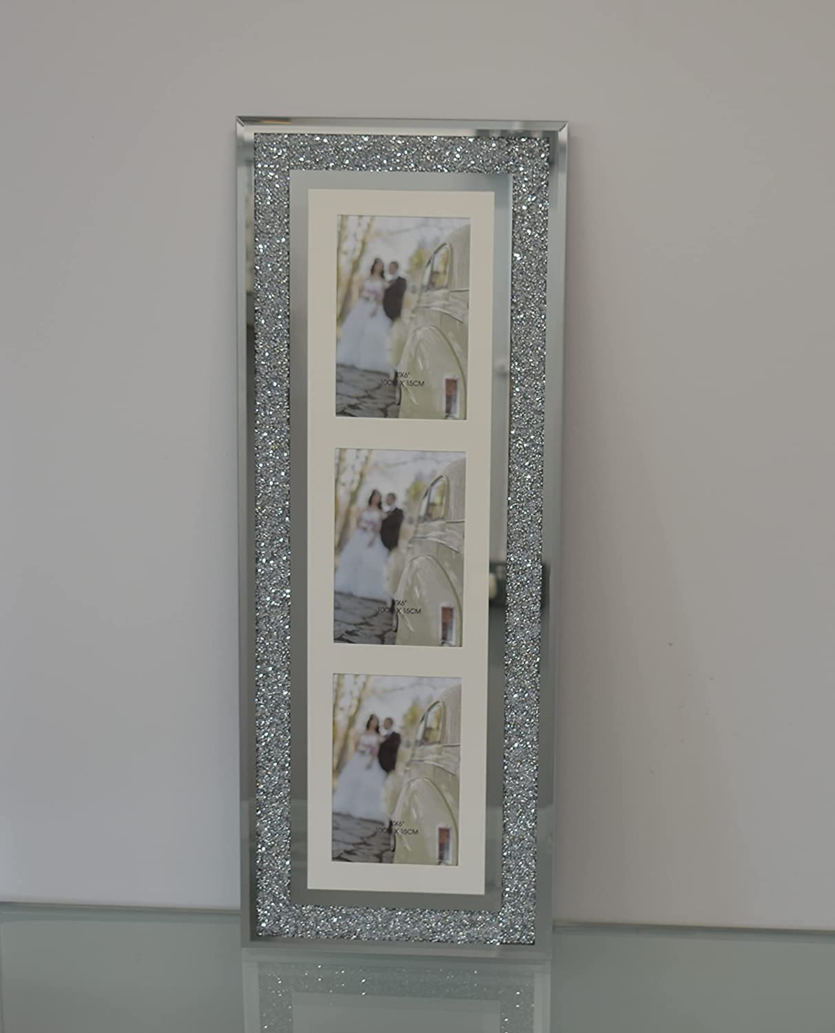 Biznest Silver Diamante Crushed Crystal Photo Frame Multi Aperture Picture Photo Frame Vertical For 3 Photos 4X6 Inch Photo (63Cmx24Cm)