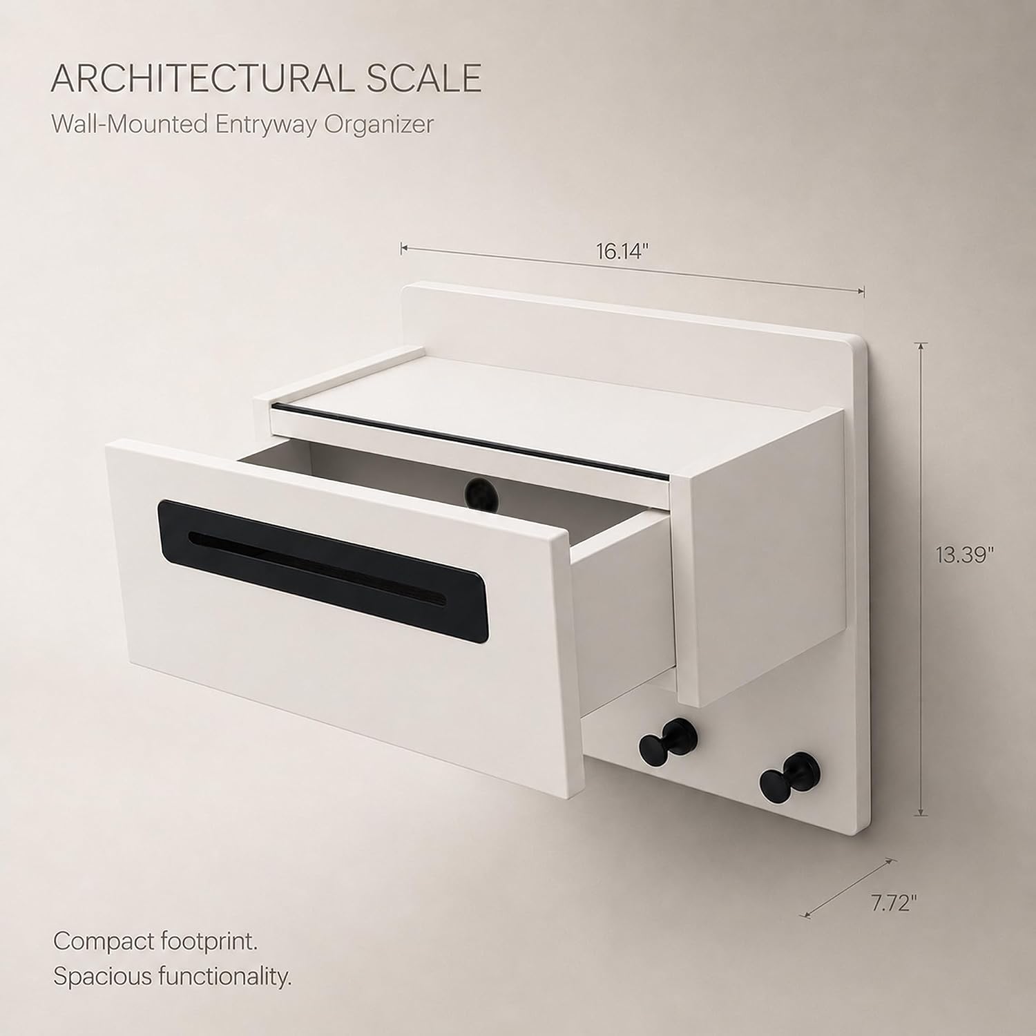 Matte White Finish Entryway Organizer, Coat Rack Wall Mount with Shelf | Furniture-Grade Minimalist Storage with Hidden Mail Drop Drawer & Warm Motion Sensor LED Light