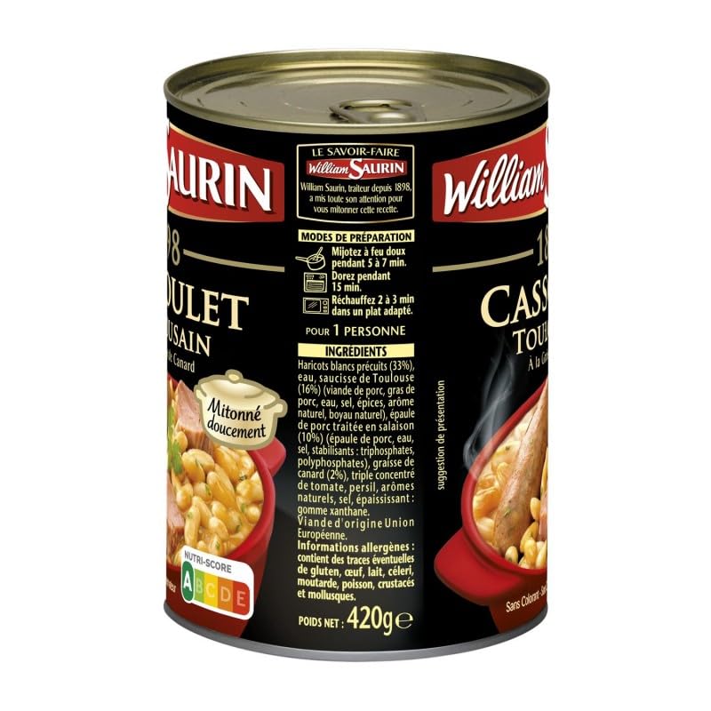 Cassoulet Toulousain 1898 de William Saurin - Recette Authentique à la Graisse d'Oie Plat Cuisiné Exceptionnel en Conserve - Épicerie Salée Française - Le Lot De 3