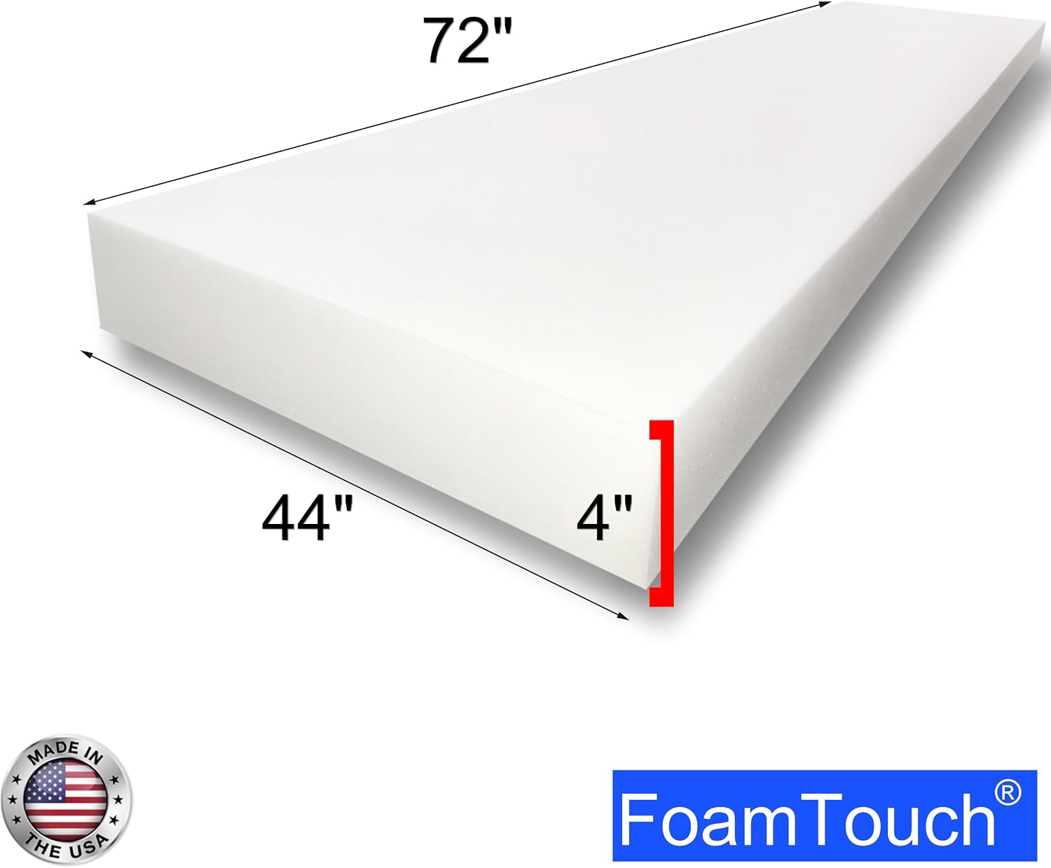 FoamTouch Polyurethane Foam Sheet 4'' Thick x 44'' Wide x 72'' Long – White Upholstery & Bedding Foam for Cushion Replacement, Mattress Support & Pillow Inserts – No Cover
