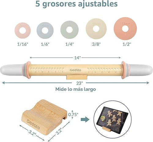 Miniatura 6 de Geesta - Rodillo de madera ajustable con 5 anillos de grosor, diseño de mango de prensa de rodillo de masa preciso con guía de medición