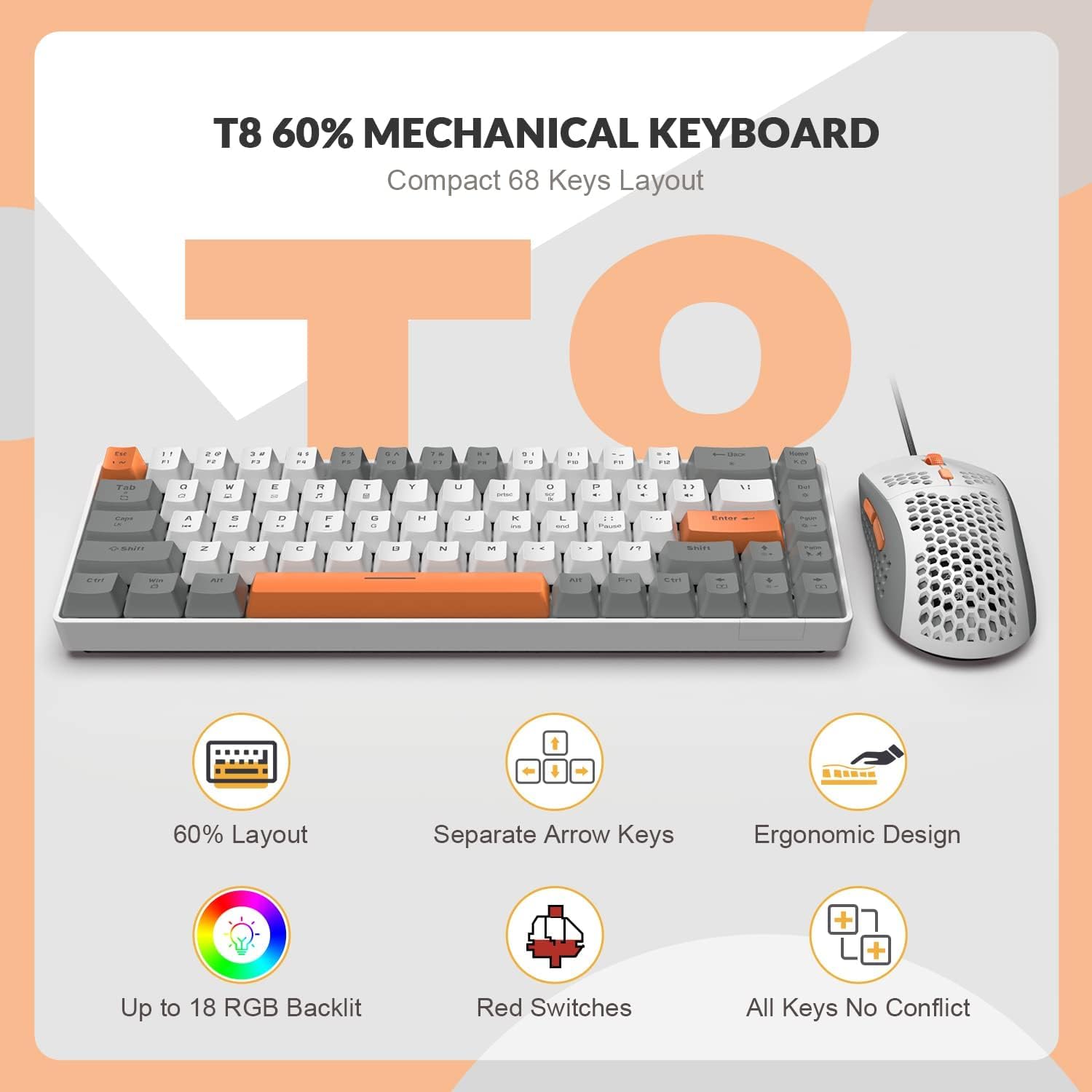TORTOISE LOOK ZIYOU LANG RK-T8PR0 Combo de teclado y mouse mecánico para juegos con cable 65% con retroiluminación LED RGB fantasma TK