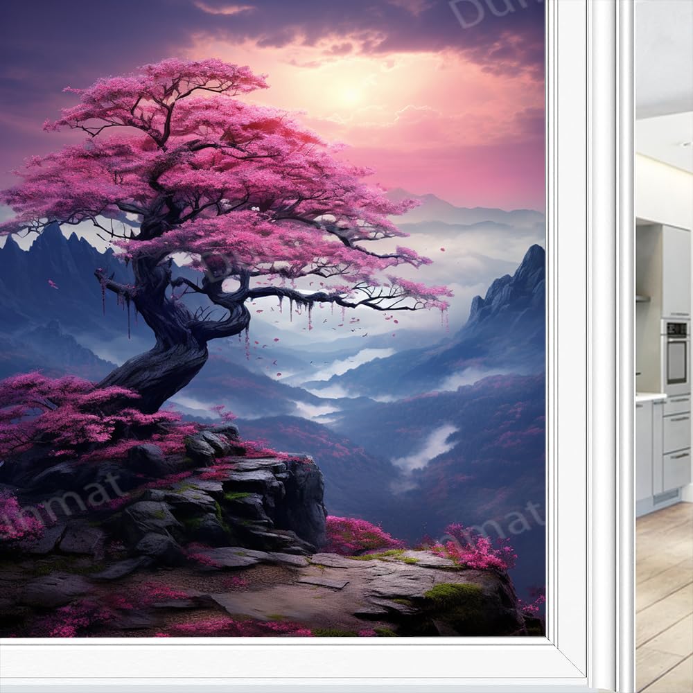 Rustic Tree Window Privacy Film Fantasy Beautiful Plants Colorful Scenery Stained Glass Window Film Sun Blocking Heat Control Decorative Window Covering Film for Home Office 70 x 120 cm
