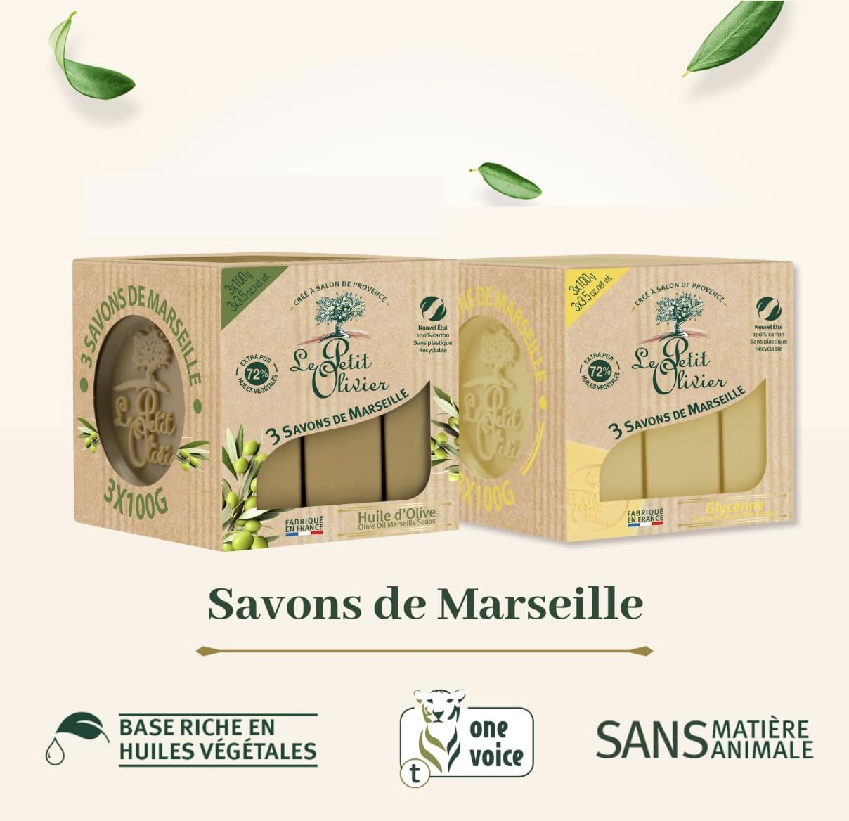 LE PETIT OLIVIER - 3 mydła z Marsylii - Gliceryna - Zapach regionu tłustego - Delikatnie oczyszczają skórę - Wyprodukowano we Francji - 3x100g