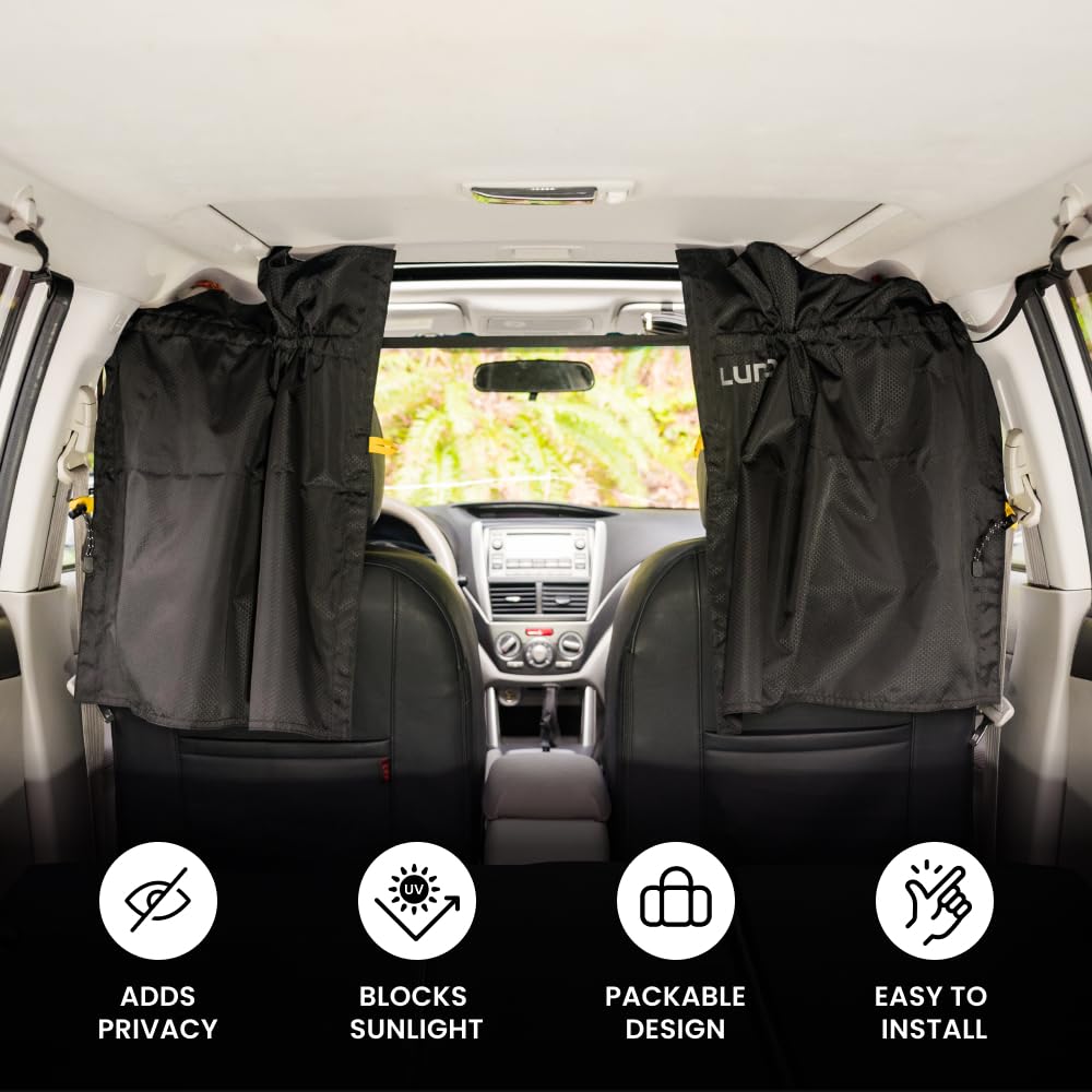 Luno Divider Curtain for Privacy and Sun Protection - Detachable Car Privacy Curtain for Family Travel, Camping & Sleeping - Fits Most Small to Mid-Sized Vehicles - Detachable Car Divider (Black)