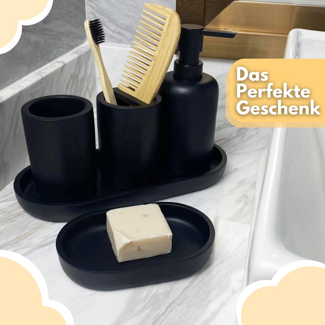 Badezimmer Set 5-teilig | Badezimmer Organizer | Bad Accessoires | Seifenspender Set aus Harz | Zahnputzbecher | Seifenhalter | Becher | Schale | Schwarz
