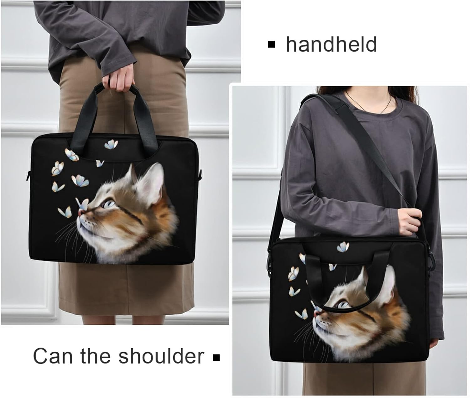 Cute Kitty Cat with Butterfly Laptop Bag Case 13 14 15.6 inch Laptop Messenger Bag Crossbody Briefcase for Men Women with Shoulder Strap Handle