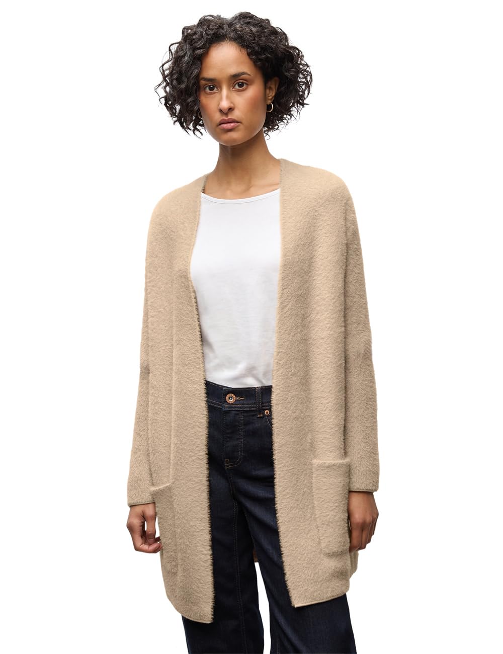 Street One Langer Federgarn Cardigan – Damen, Sanded beige, Größe 46
