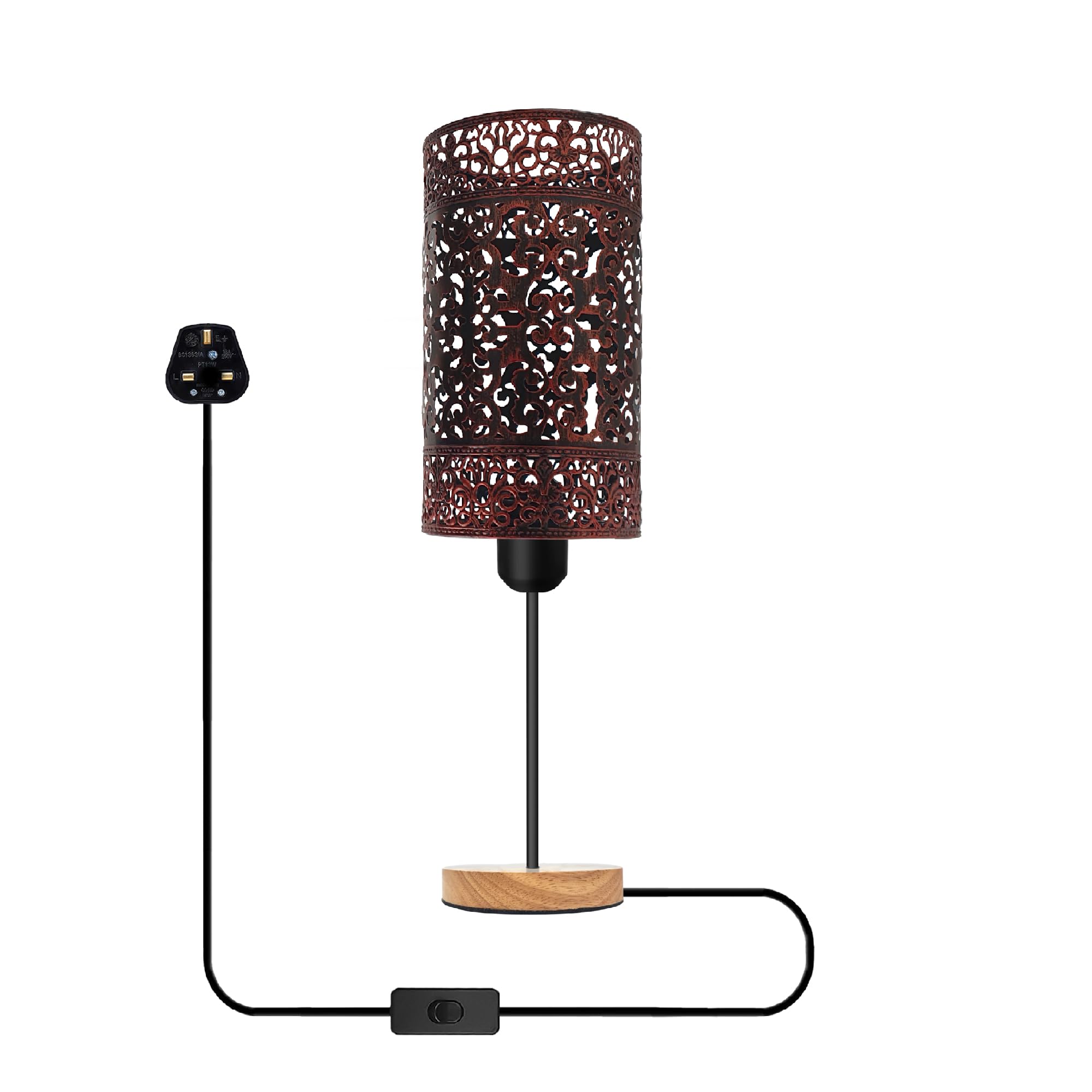 Wooden Stand Bedside Table Lamp Modern Round Nightstand Lamp with Solid Wood Desk Metal Barrel Cage With 3 Pin Plugin On/Off Switch Control Lamp for Bedroom without bulb (Style 6 - Rustic Red)