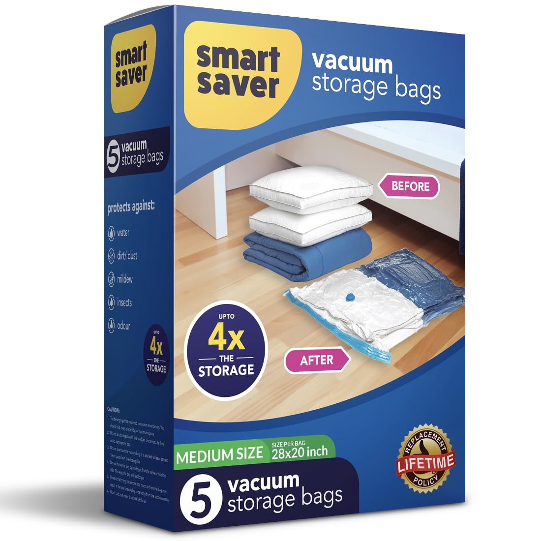 Smart Saver PA,PE 5 Pack (NO HANDPUMP INCLUDED) Medium Size Reusable Ziplock Vacuum Storage Space Saver Bags For Clothes, Blankets, Quilts, Home Organising, Under Bed Storage Solutions, Multicolor