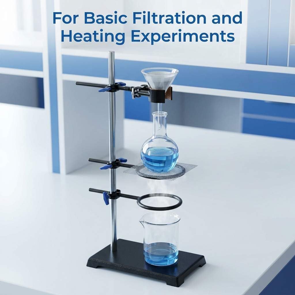 QWORK - Set di supporti per supporti da laboratorio per impieghi gravosi Base in ghisa (8,6"x 5,5" 3,3 libbre), asta (24"L), 2 anelli storta (diametro 2,4" / 3,5") e un morsetto per beuta