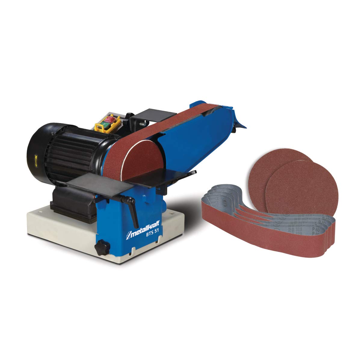 Metallkraft Band- und Tellerschleifer BTS 51 (mit Absaugstutzen, mit Schleifbänder, Motor 0,75 kW, 2 Schleiftische), 3700051
