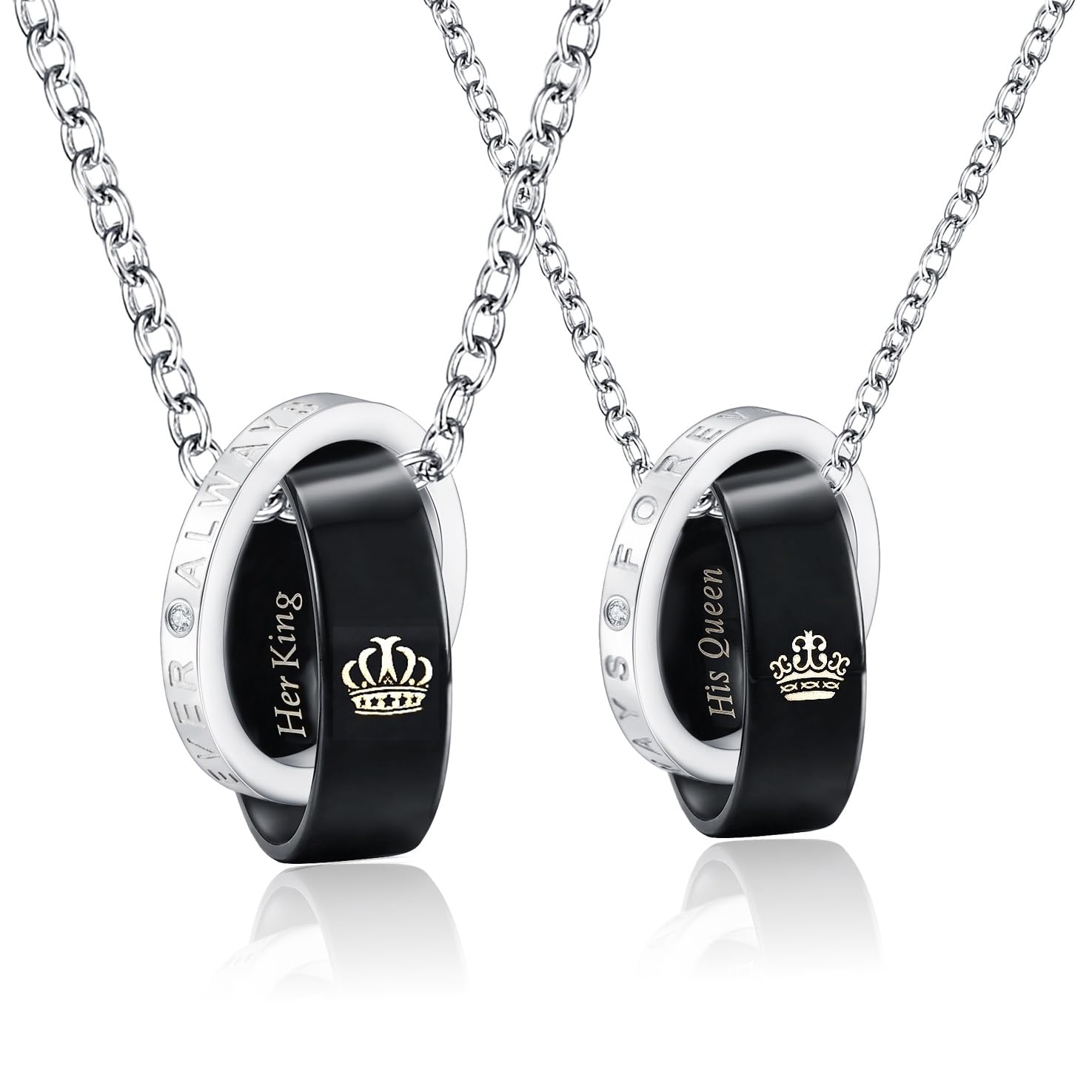 His Queen Her King Couple Pendant Necklaces His & Hers Matching Set Titanium Stainless Steel King Queen Couple Rings Pendant Necklace with Crown Engraved and Cubic Zirconia, Perfect for Christams,