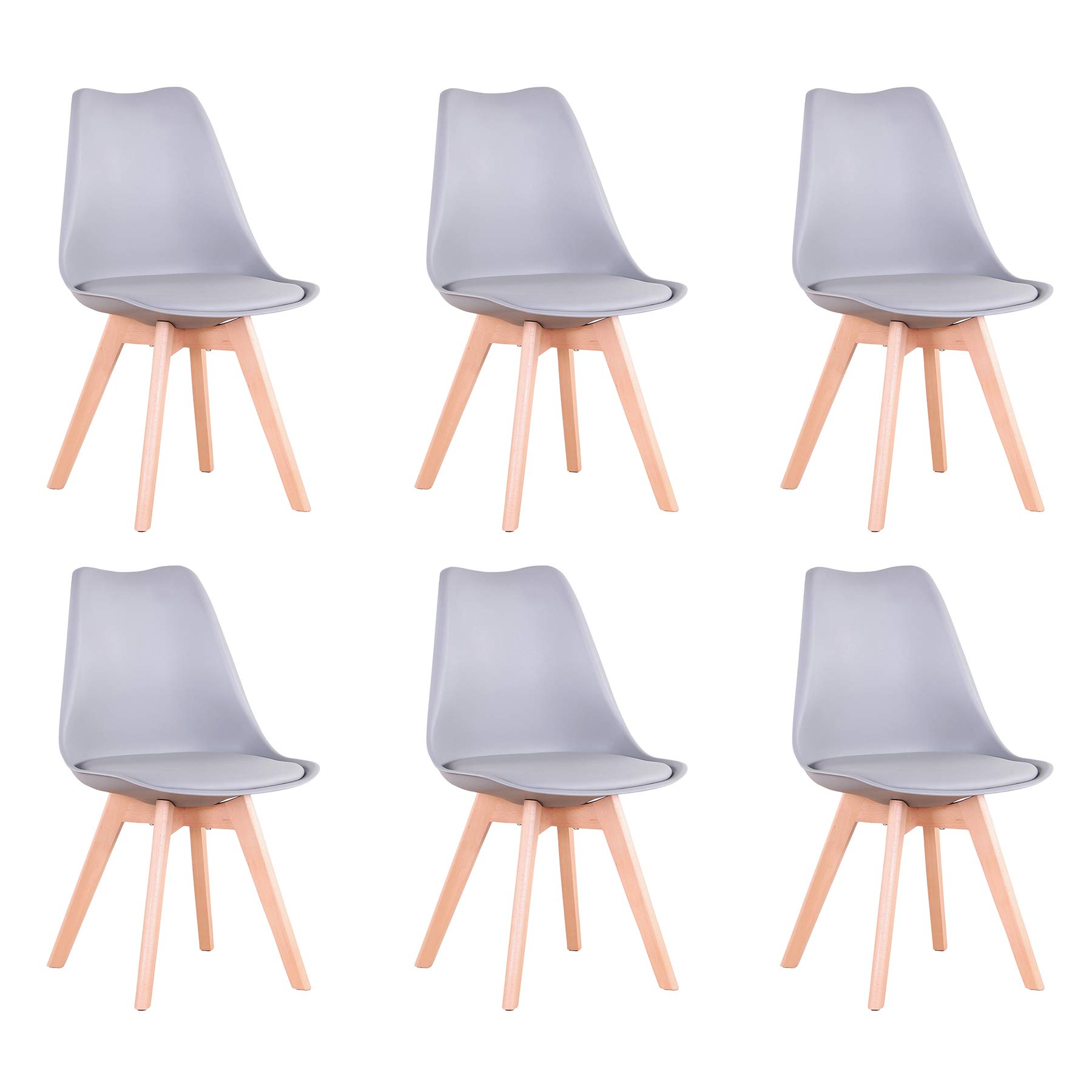BenyLed Set di 6 Sedie da Pranzo a Forma di Tulipano con Seduta Imbottita e Gambe in Legno di Faggio, ideali per Sala da Pranzo, Cucina, Soggiorno, Bar, Grigio