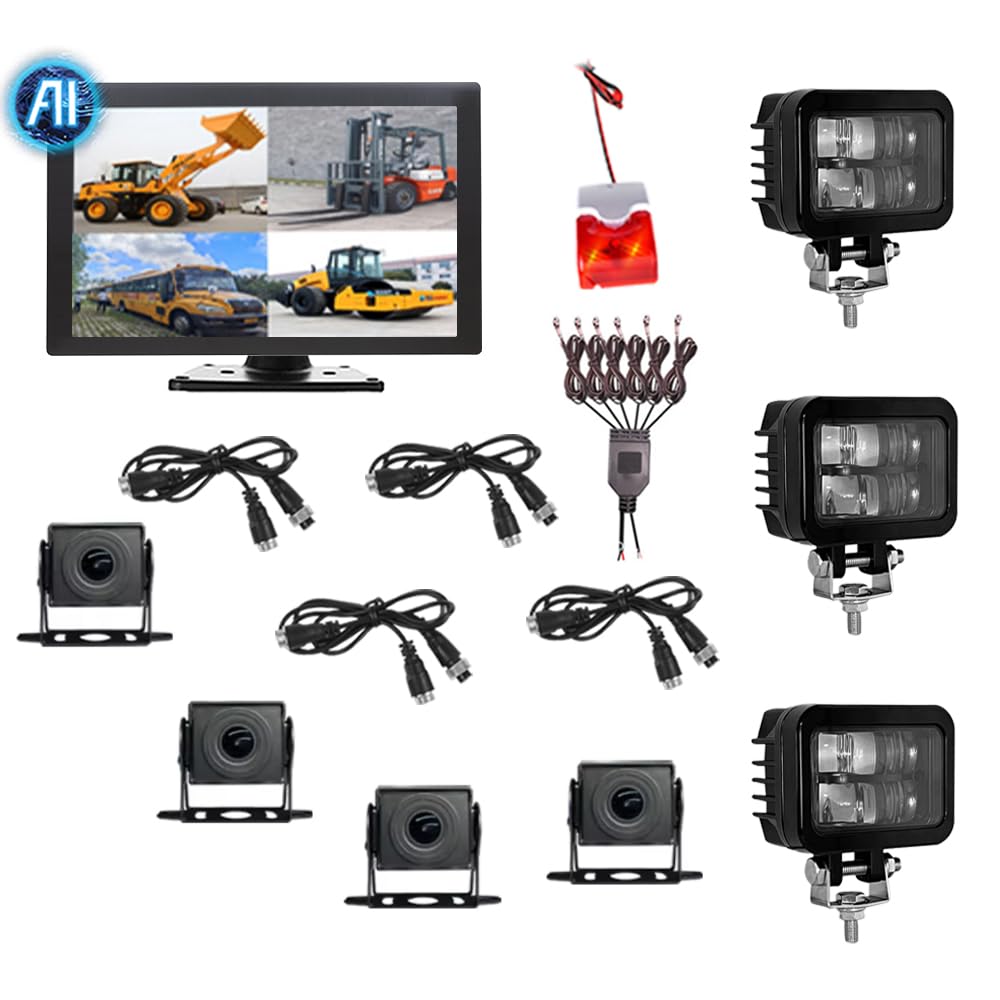 AI Intelligent Safety System with 4 Cameras, reversing Camera for Intelligent Recognition, 3 LED Warning Lights and 1 beeping Alarm Light, Display for Monitoring Safe Areas (AI4-S09-Blue LED Light)