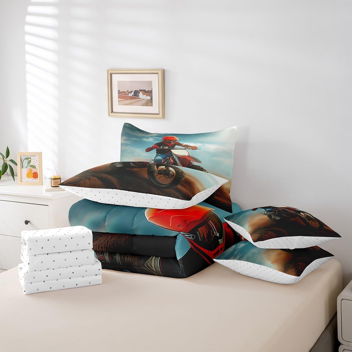 Loussiesd Motocross Rider Letto Trapuntato Extreme Sports Theme Piumino Letto Con Lenzuola 7 Pezzi 200x200cm(7-piece Set) Motocicletta Modello Lenzuola Copertura Decorazione Camera Dirt Bike Con