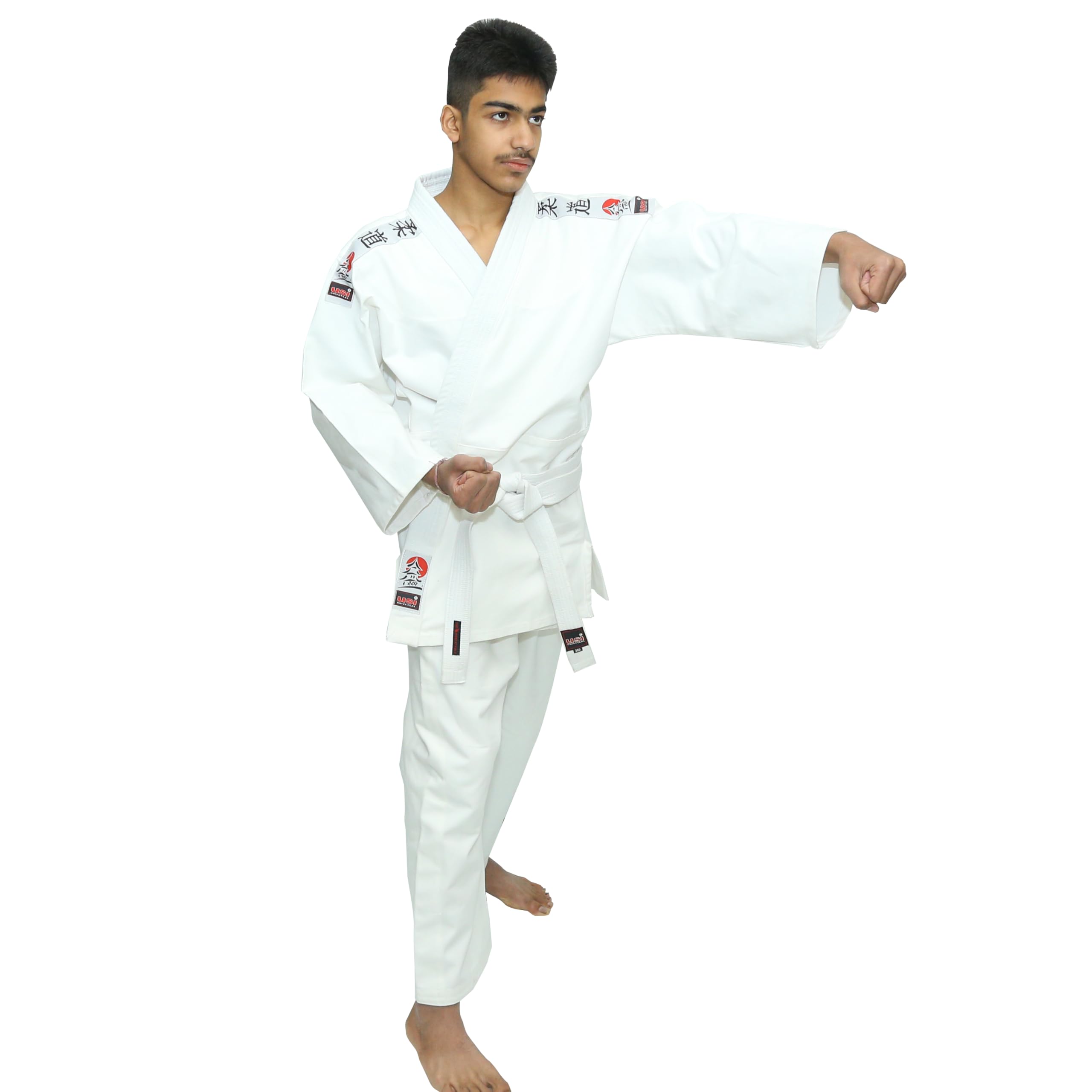 USI UNIVERSAL THE UNBEATABLE Sukienka judo karate, sukienka judo karate, 417JB sukienka Judo Bouncer z białym paskiem, płóciennym splotem, tkanina poliestrowo-bawełniana, tradycyjny japoński wzór