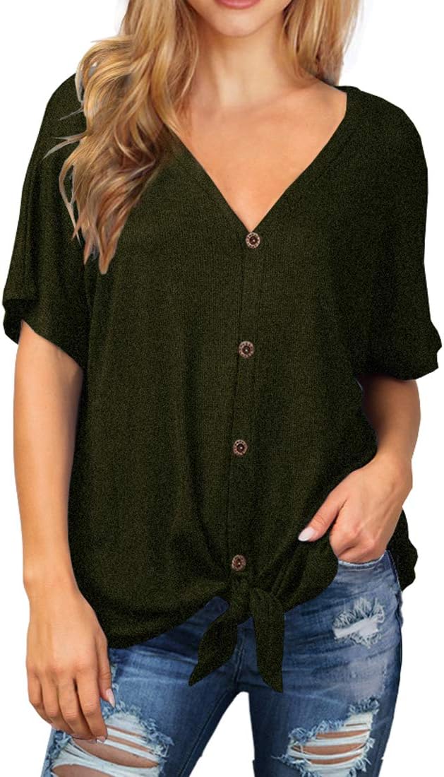 IWOLLENCE Women's Waffle Knit Tunic Blouse Tie Knot Short Sleeve Henley Tops Loose Fitting Bat Wing Shirts