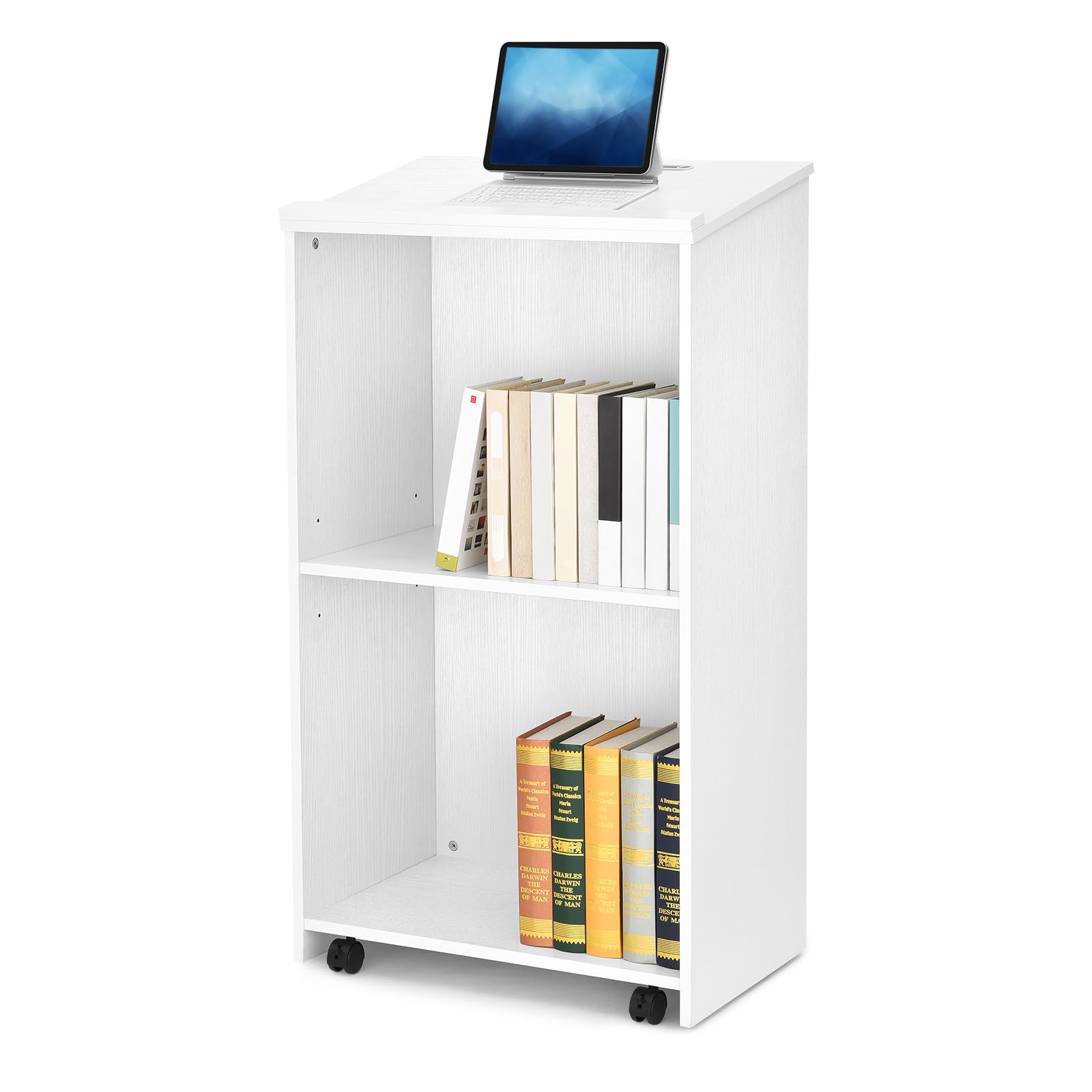 Podium Stand Freestanding Lectern Reception Desk with 4 Wheels, for Speaker with 2 Storage Shelves for Pulpits, Churches, Restaurants, and Classrooms (White)