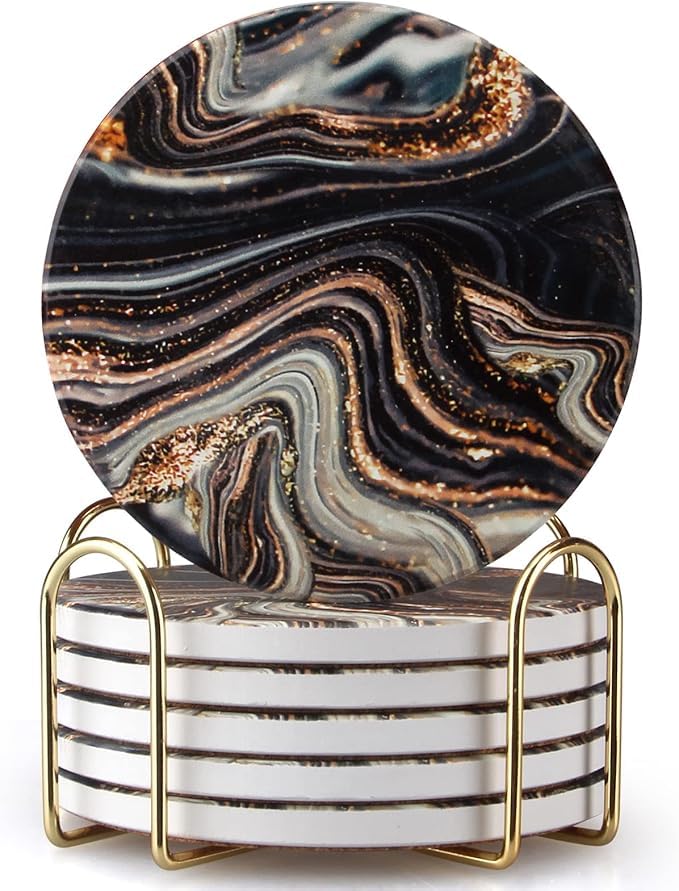 Image of 6 Pcs Black and Gold Wood Coasters with Holder Best Round Absorbent Coasters for Drinks, Coffee, Beer, Table Marble Personalized Coaster Sets