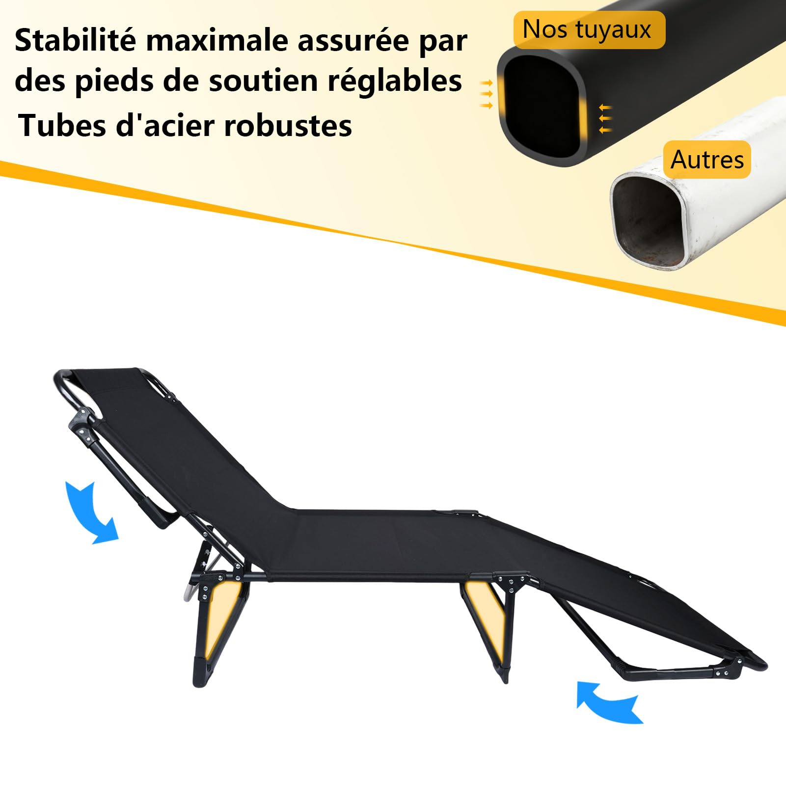 Lit Pliant 1 Personne avec Matelas en Coton Perle Faux, Lit de Camp Pliable Réglable 4 Positions pour Camping, Maison, Jardin – Cadre Acier Résistant 200kg, Compact et Portable (Noir)