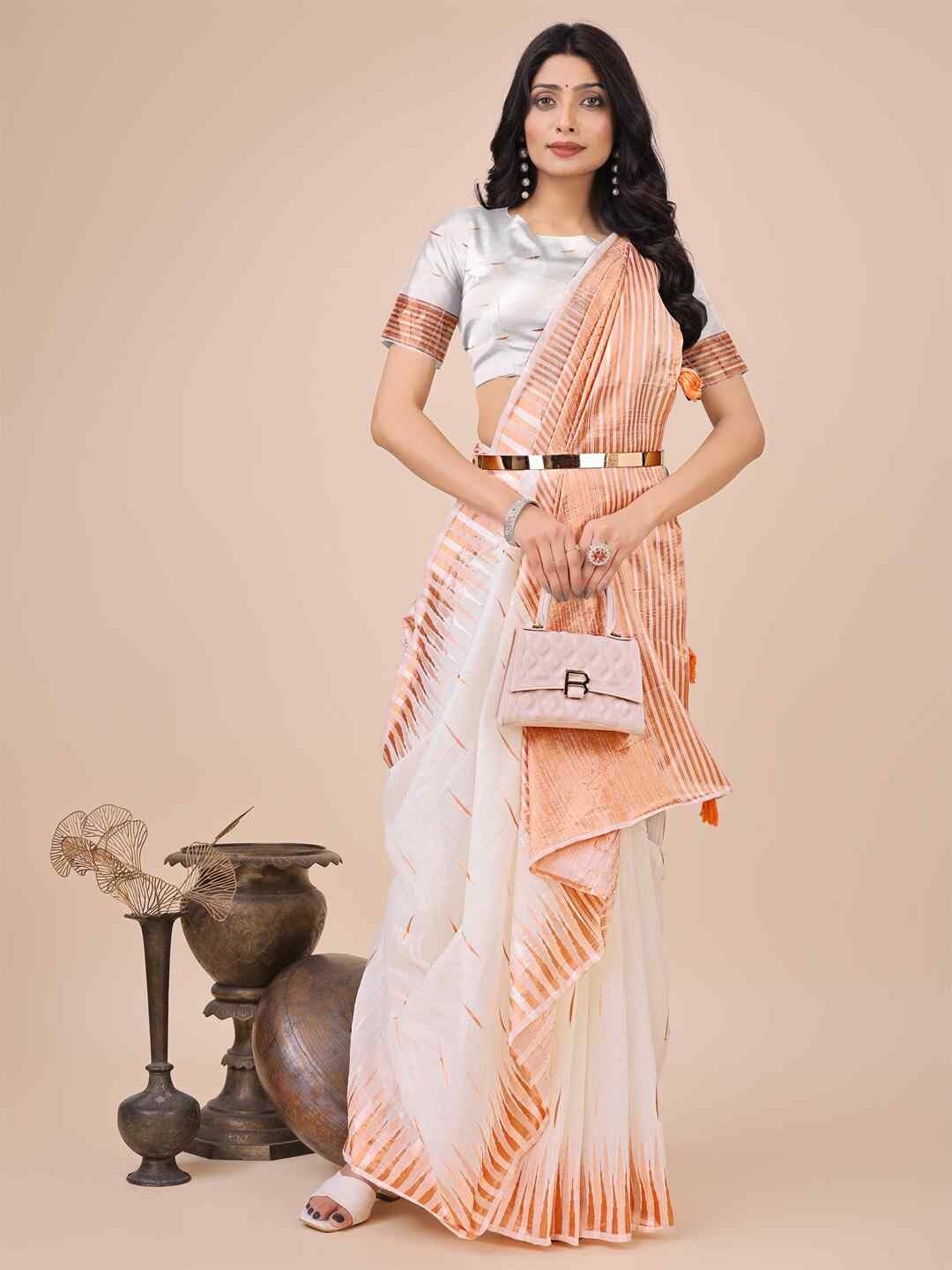 Shiv Textiles Women's Linen Cotton Zari Weaving & Tassel Saree(AUS-ASTAR1003-WHITE) 2