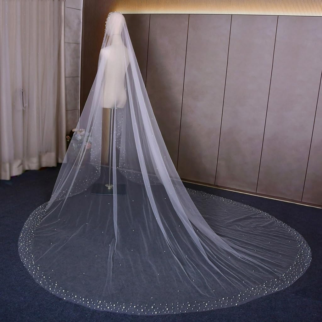 Long Veil Drop Wedding Veil with Pearls Wedding Veils Bridal Covers Cape Veil(Off White,300cm)