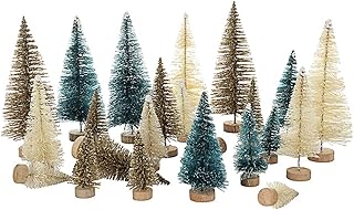 Mini Tabletop Christmas Tree , 24pcs Miniature Pine Trees Frosted Sisal Trees with Wood Base DIY Crafts Home Decor Christmas Ornaments Green, Gold and Ivory,Mix Color
