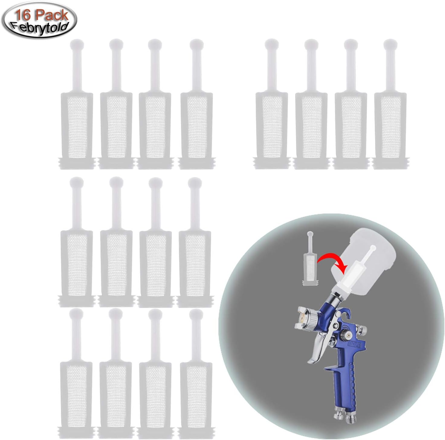 Febrytold 16Pcs Universal Gravity Spray Gun Filters Fine Mesh, Disposable Gravity Feed Spray Gun Paint Strainer