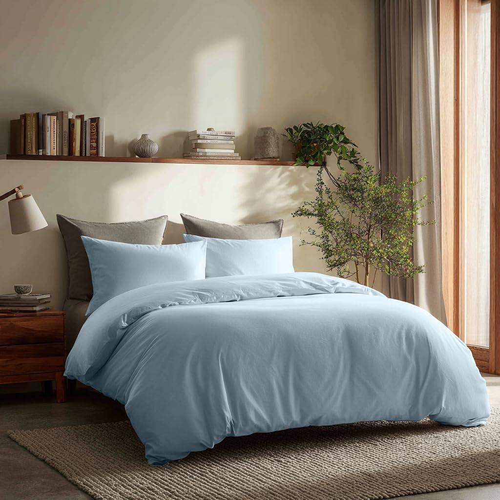 Duvet Cover Set – Lightweight & Breathable 100% Cotton Single-Layer Fabric, Tie Closure Duvet Cover + 2 Pillowcases, Machine Washable, 6 Colors,No Duvet Insert Included (Blue, Queen)