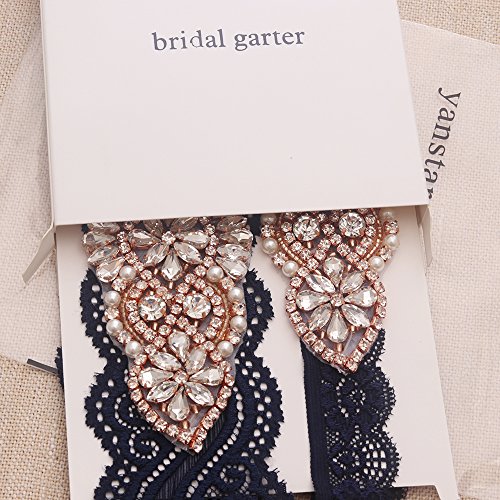 yanstar Wedding Bridal Garter Belt Navy Stretch Lace Bridal Garter Sets with Rose Gold Rhinestones for Wedding