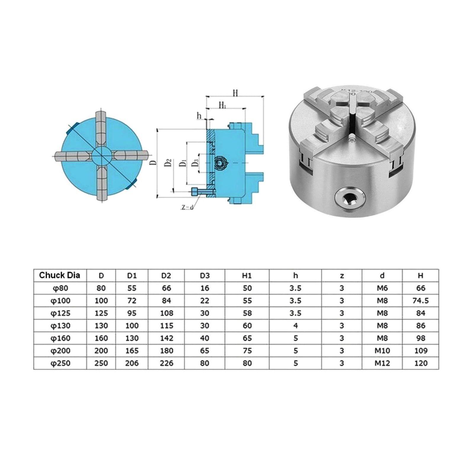 Mandril de torno, Portabrocas de torno autocentrante, garra de 4 mandíbulas, Portabrocas Manual de desplazamiento de Metal SANOU for fresadora de perforación, carga trasera de 80-250mm Para tornos gen