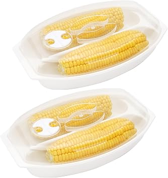 2 Pcs Microwave Corn Steamer with Vented Lid 10 x 6x 2 Inch White Corn Microwave Steamer Bowl Dishwasher Friendly for Cob