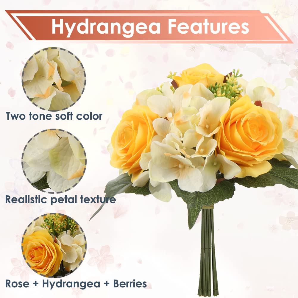 DILATATA Bouquet di rose artificiali in seta, 30,5 cm, fiori finti gialli, per festa della mamma, matrimoni, feste, festival, decorazioni, rose finte e ortensia, confezione da 4