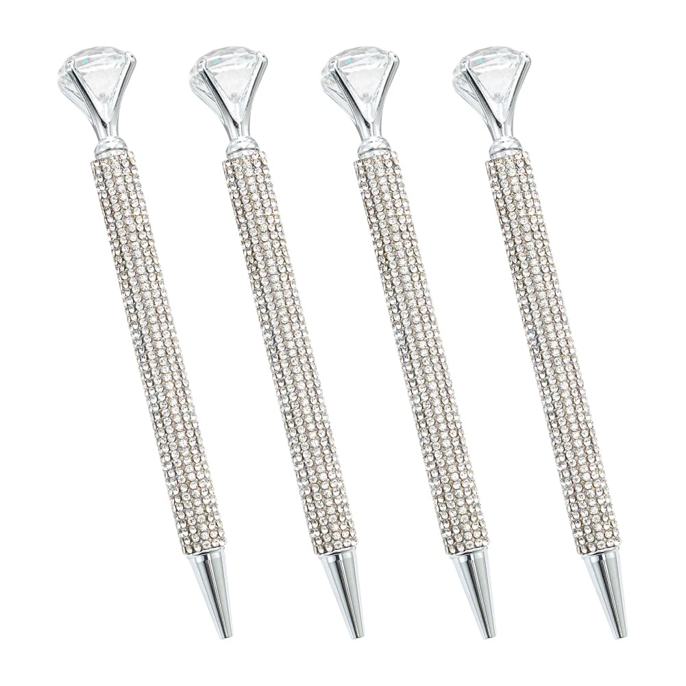 4 Pcs Diamond Crystal Ballpoint Pen Set including Bling Rhinestone - Large Metal Wedding and Bridal Shower Black Ink Pens in Silver