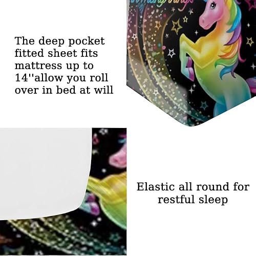 Miniatura 4 de Juego de sábanas bajeras y fundas de almohada tamaño individual de unicornio, paquete de 2, ropa de cama con letras arcoíris mágicas para niños