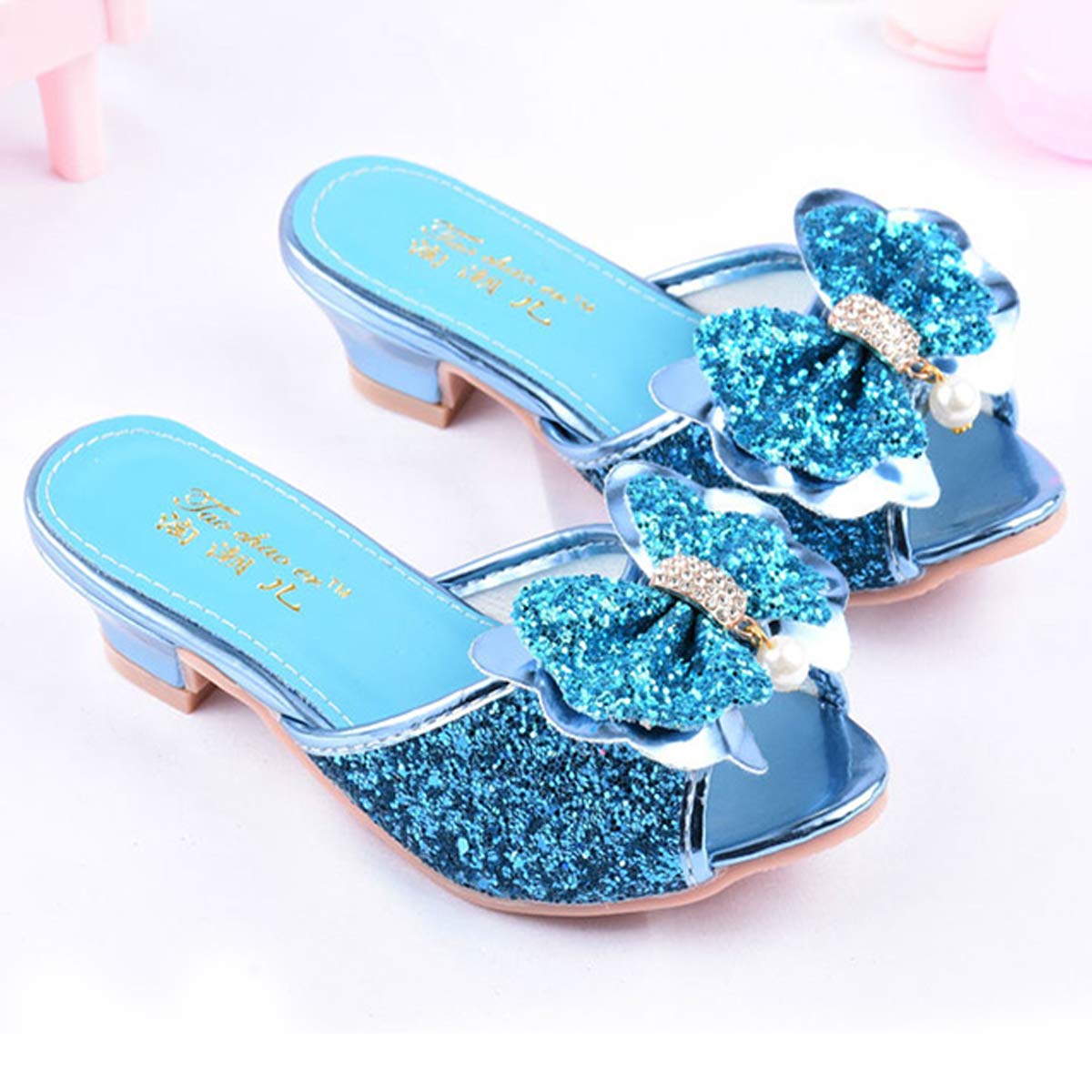Tacón Alto Sandalia Mulas Plata Boca De Pez Lentejuelas Lazos De Metal con Incrustaciones De Cristal Perla Niña Princesa De Fantasía Zapatos De Baile Navidad Halloween