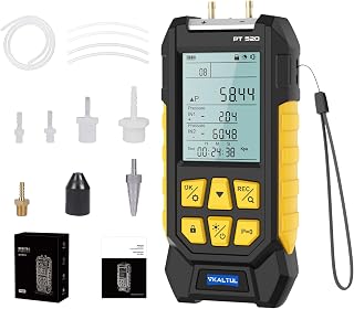 Digitales Manometer PT520, Manometer Wasser und Druckluft mit hohem Genauigkeitswert, 10 Messwerte, 29 Speicherung von Daten, Mehrere Messadapter, -1000~2000mbar, -100~200Kpa
