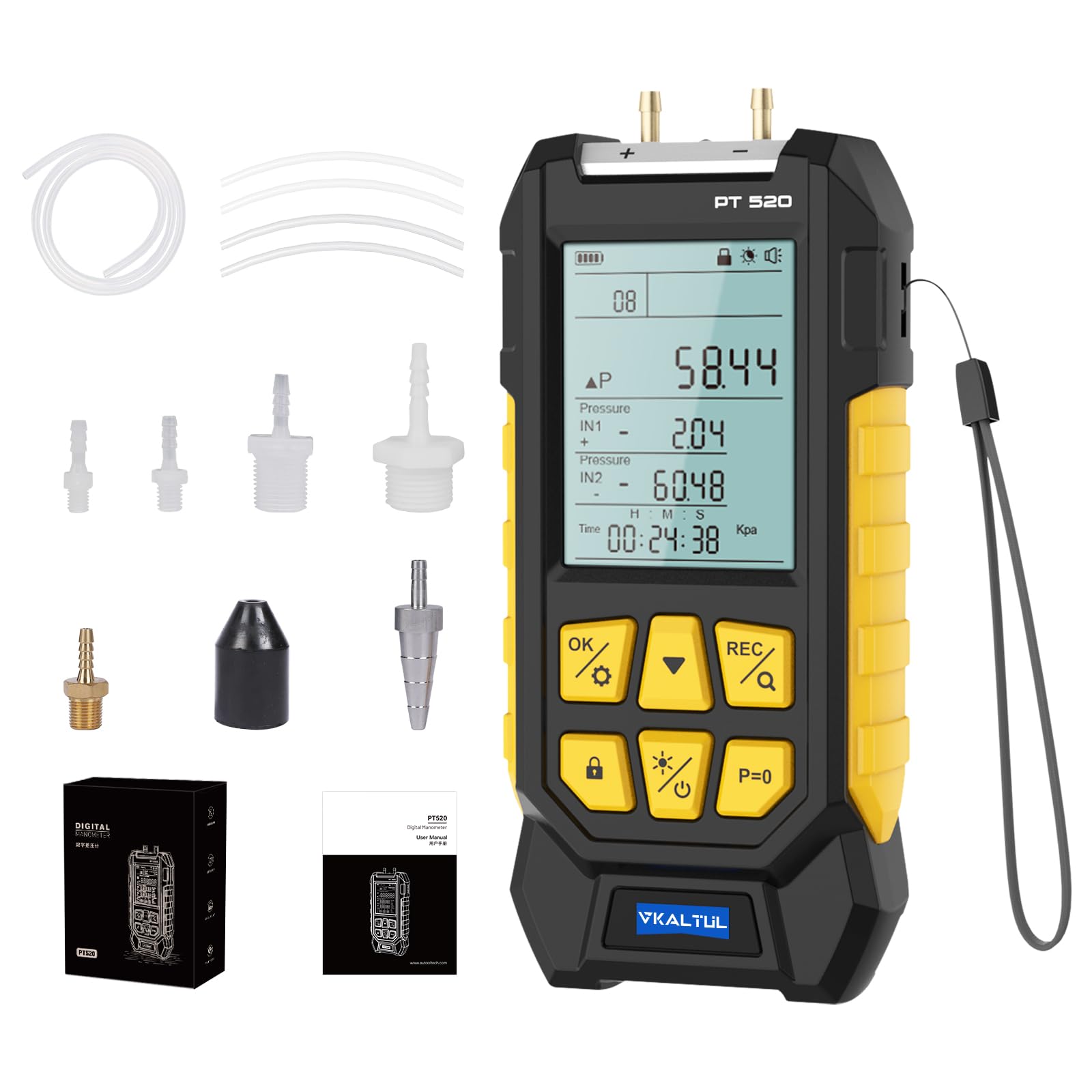 Manómetro de presión digital,Manómetro de presión de aire comprimido con valor de alta precisión, 10 lecturas, 29 almacenamiento de datos,Múltiples adaptadores de medición, -100~200Kpa