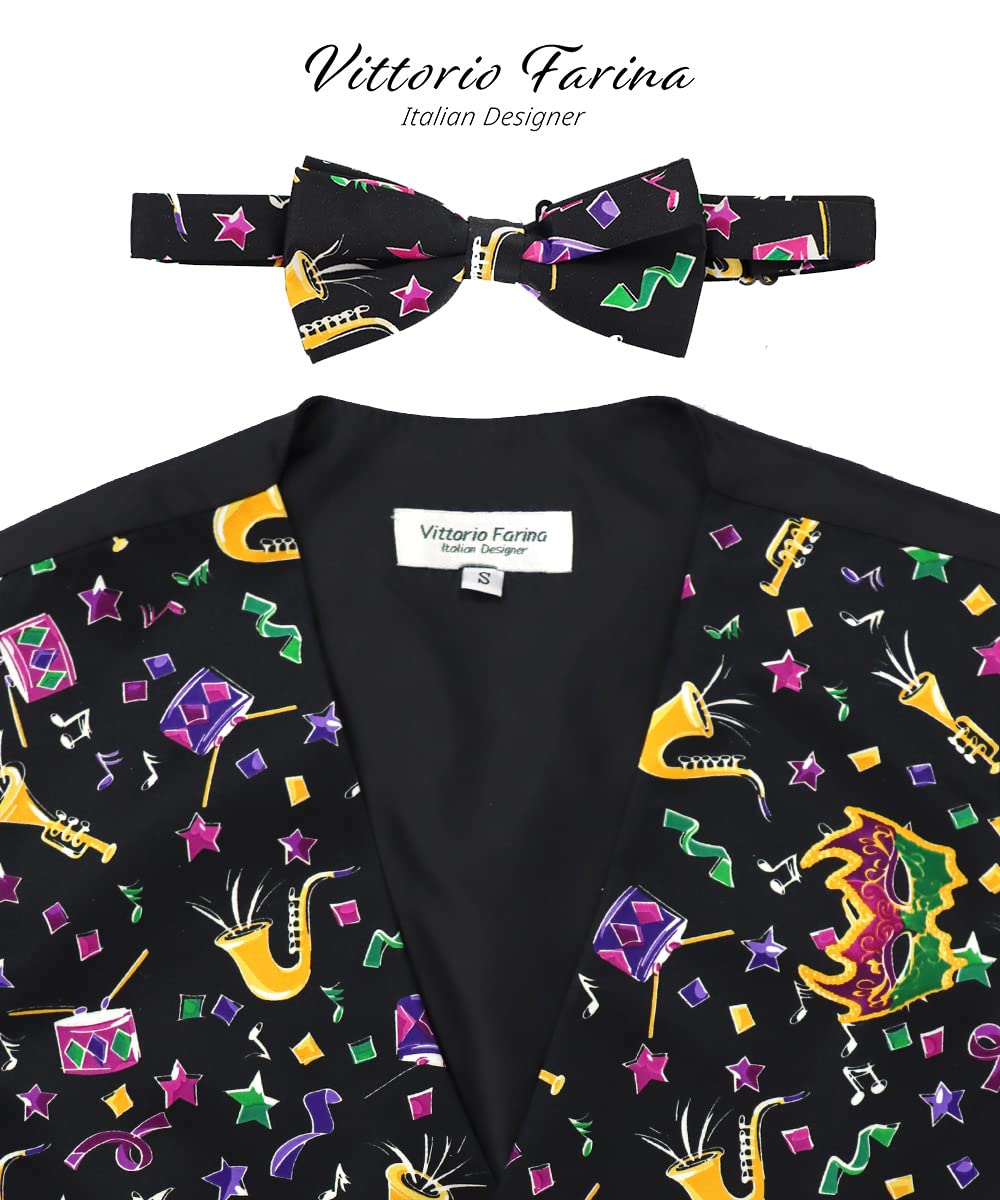 Vittorio Farina Premium Mardi Gras Suit Vest Set for Men - Vest & Bow Tie 2PC Set (Mardi #8, XL)