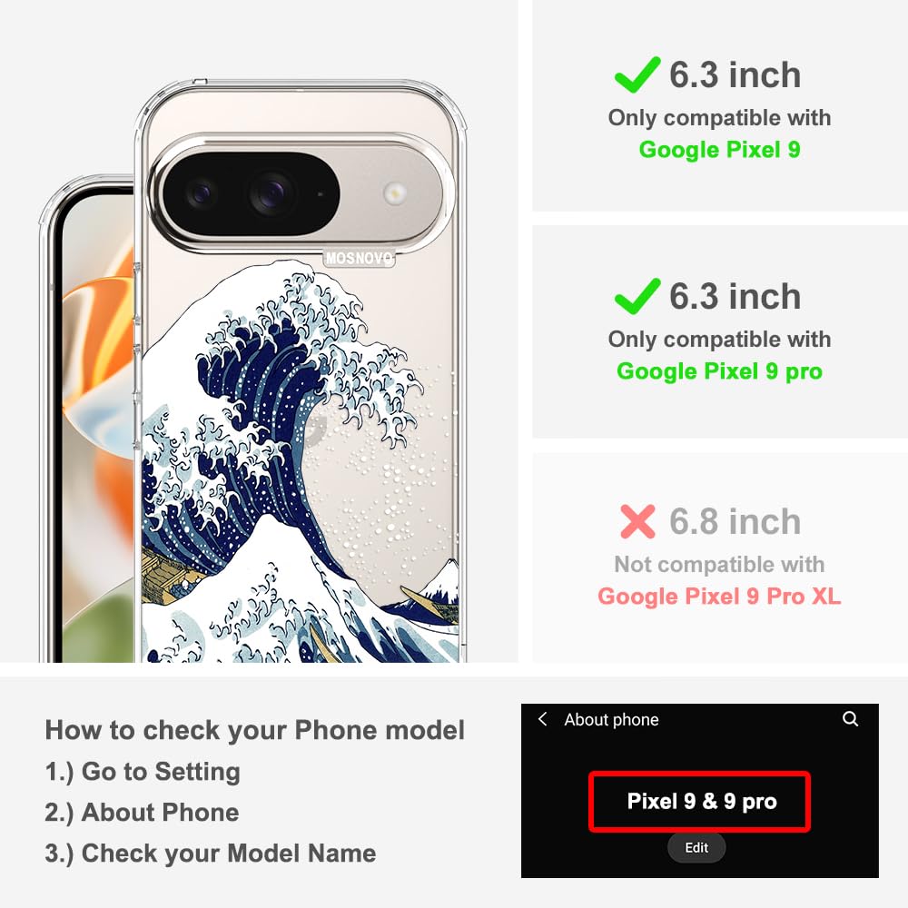 MOSNOVO Case for Google Pixel 9 & Pixel 9 Pro, [Buffertech 6.6ft Military-Grade Drop Protection] [Anti Peel Off Tech] Clear TPU Bumper Phone Case Cover Design - Great Wave - 2