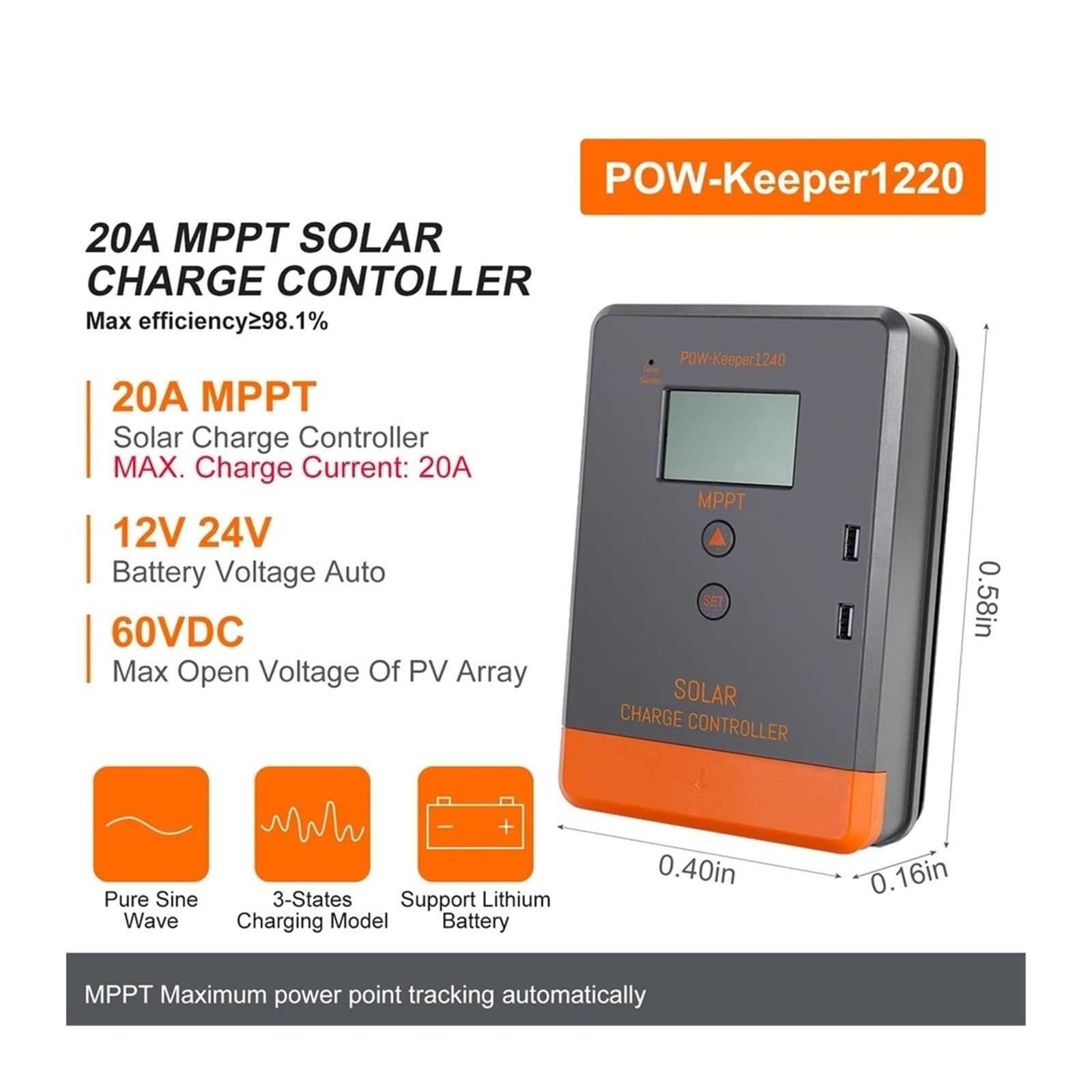 controlador de carga solar, Controlador De Carga Solar MPPT 20A 25A 30A 35A 40A 45A For 12V 24V, Regulador Batería Ácido/litio, Retroiluminación LCD(20A)