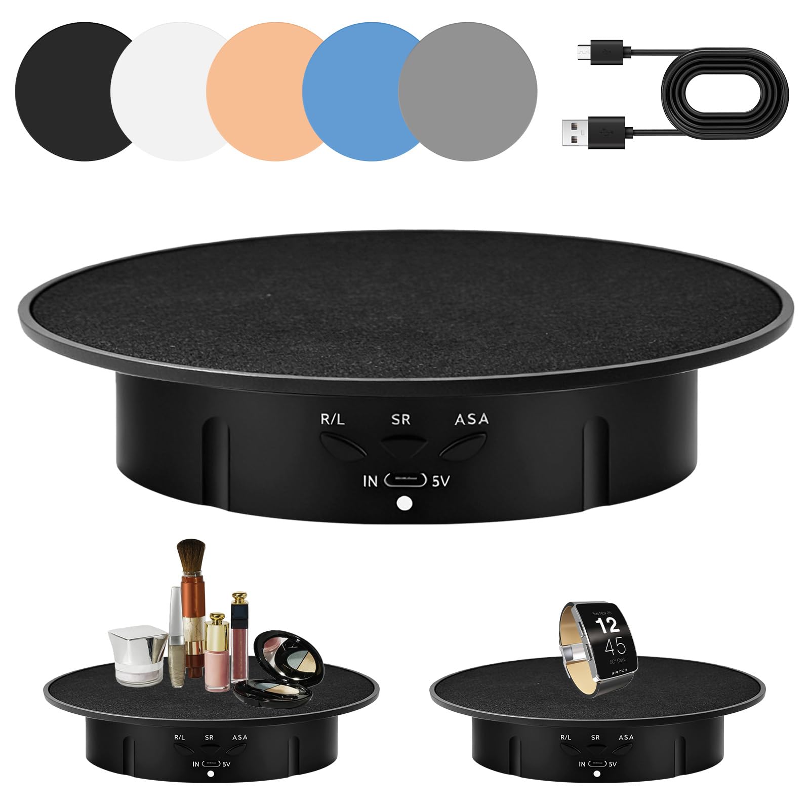 Piatto girevole elettrico per fotografia, 90/180 gradi, supporto girevole motorizzato con 5 sfondi, piatto girevole da 20 cm, supporto da tavolo 8 kg per video dal vivo, digitale, orologi (nero)