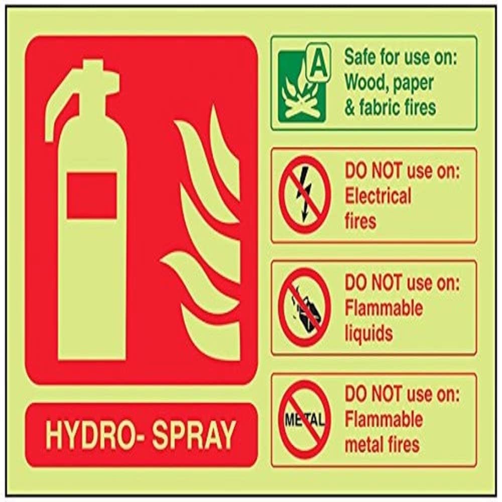 V Safety Glow In The Dark Hydro Spray Id Fire Extinguisher Sign - 150mm x 100mm - Rigid Plastic
