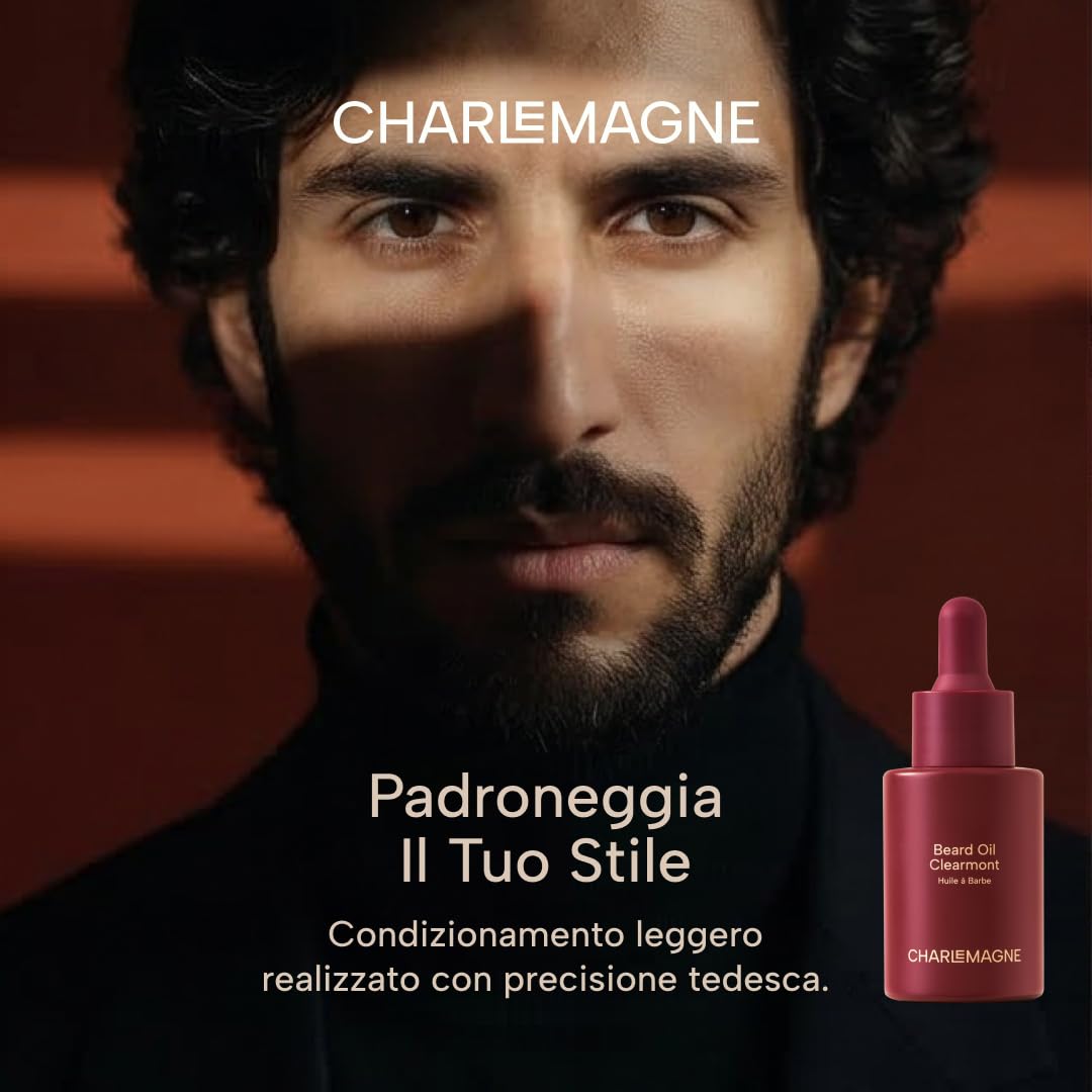 Charlemagne Olio Barba per Uomo – 30 ml, Clearmont | Profumo Minimalista – Olio Barba Premium, Ammorbidente e Idratante – Olio di Argan, Jojoba – Allevia il Prurito, Ammorbidisce Peli Irsuti