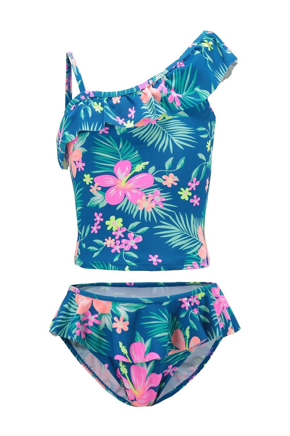 Girls Swimming Costume Two Piece Tankini Set Swimsuit Hawaiian Ruffle Swimwear Blue Age 7-8 Years