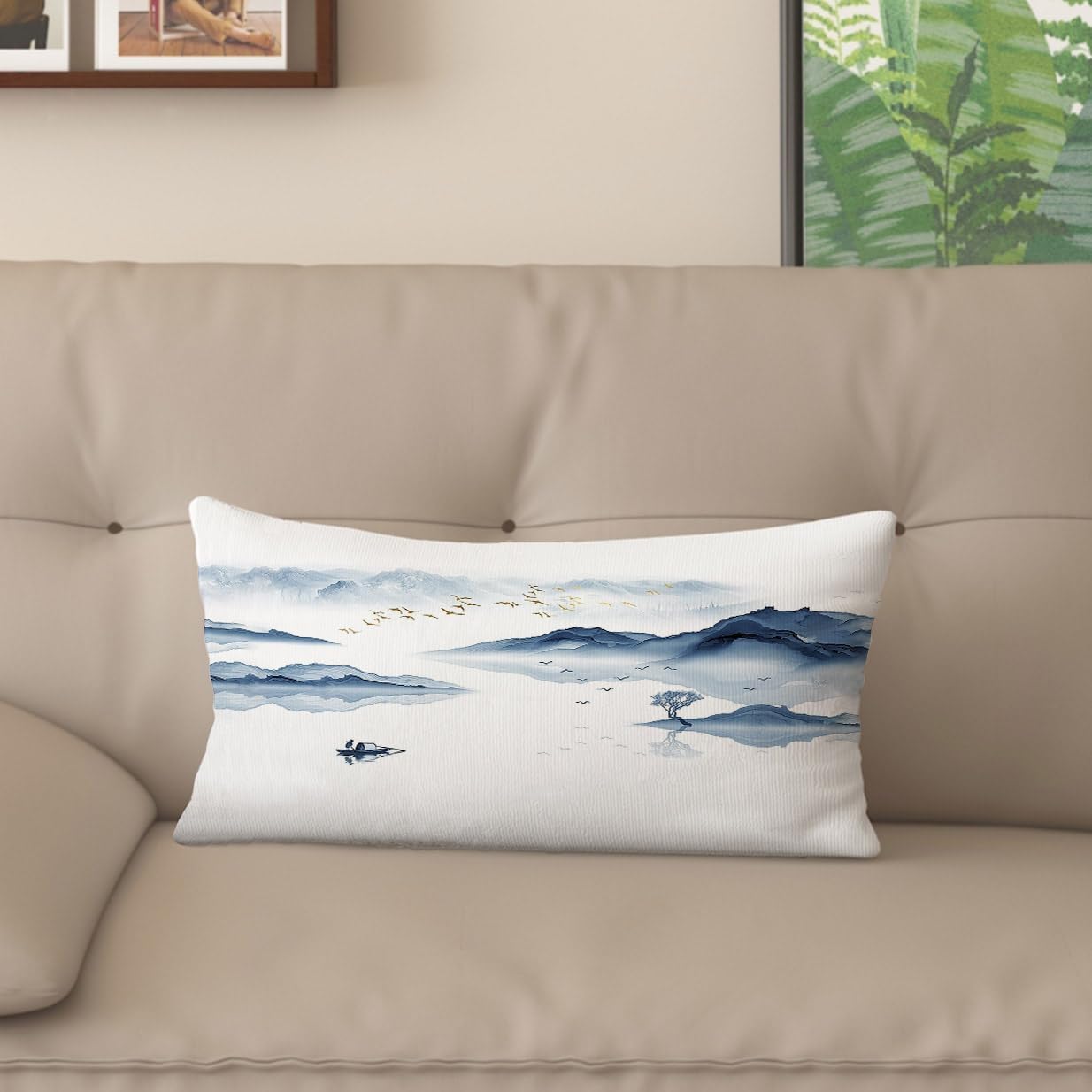 Digital-Printed Blue Landscape Pillow Cover. Linen-Like Blend. Modern Chinese Style for Home Decor.(24 * 32inch,WLSS-D)
