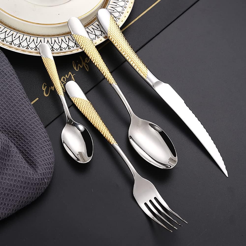 Gold Hammered Silverware Set for 6 Modern Cutlery Utensils 18/10 Stainless Steel Flatware Set 24 Piece Include Knives Forks and Spoons Tableware Set for Home Kitchen Wedding Restaurant Party