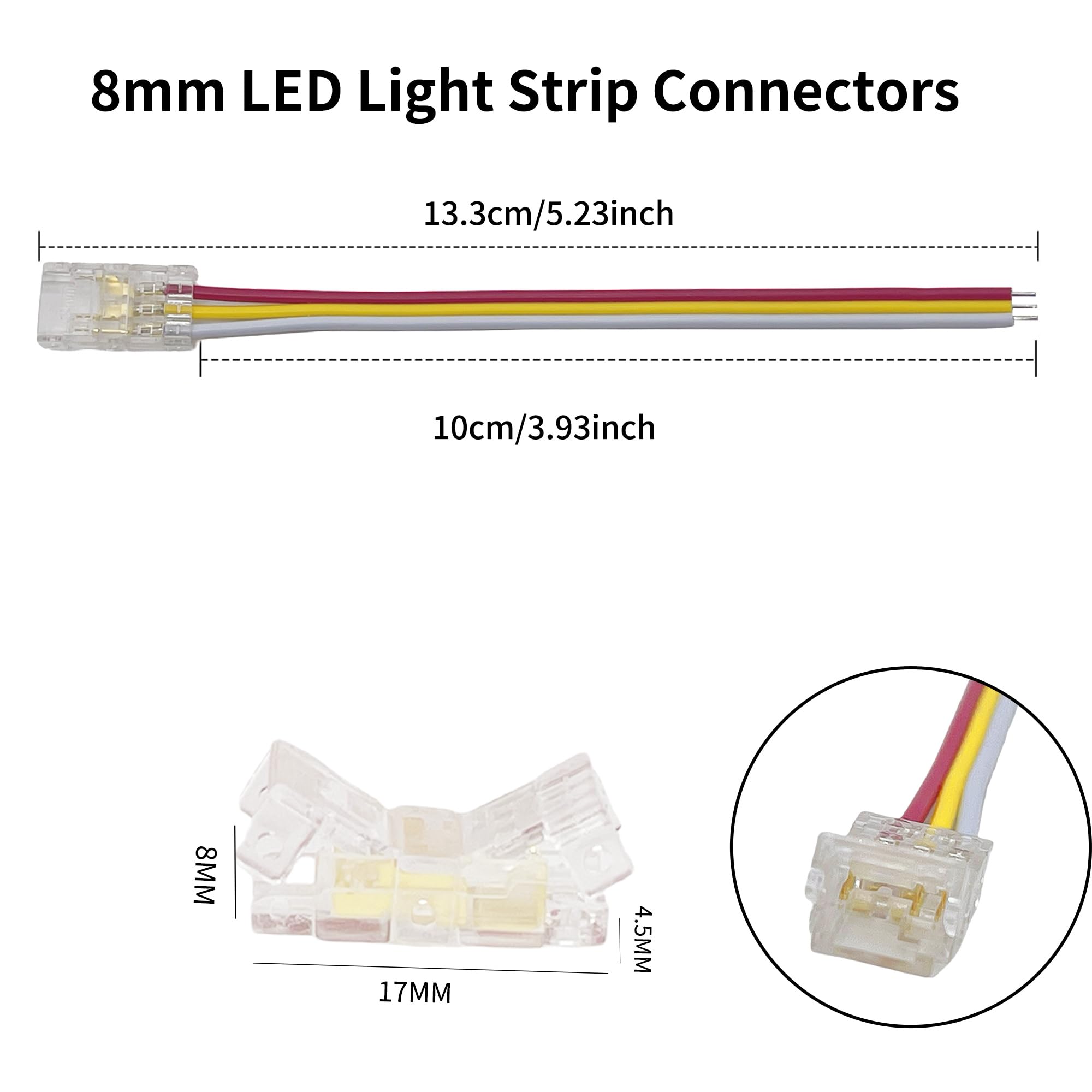 Clearhill 8mm 3Pin 10Pcs COB LED Strip Connectors,Solderless Strip to Wire Connectors + 10cm Cable-Gapless Connection for Double Color 5V/12V/24V LED Strips,No Soldering Required,Secure Connection - Image 3