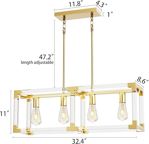 Miniatura 10 de Candelabro moderno dorado de 4 luces, lámpara colgante rectangular de latón transparente para comedor, dormitorio, vestíbulo y entrada